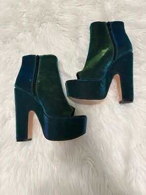 Lemon Drop Glam Rave Festival Iridescent Blue Green Open-Toe Ankle Booties